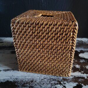 Vintage Rattan Woven Tissue Box Cover Boho Chic Natural Home Decor